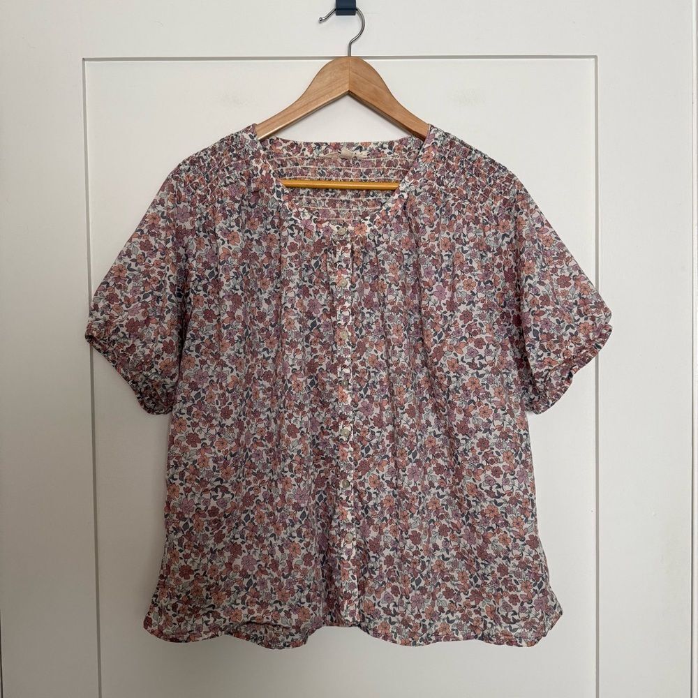Lucky Brand Blouse Womens Sz L Floral Relaxed Smocked Short Sleeve Cottagecore